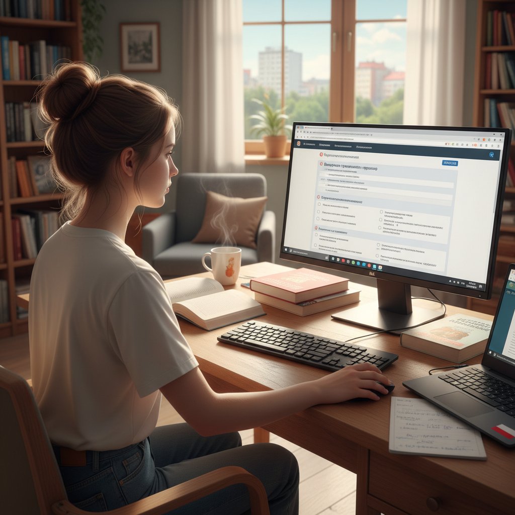 Młody Polak przy komputerze rozwiązuje test rosyjskiego online, ekran wypełniony pytaniami, notatki i podręczniki wokół