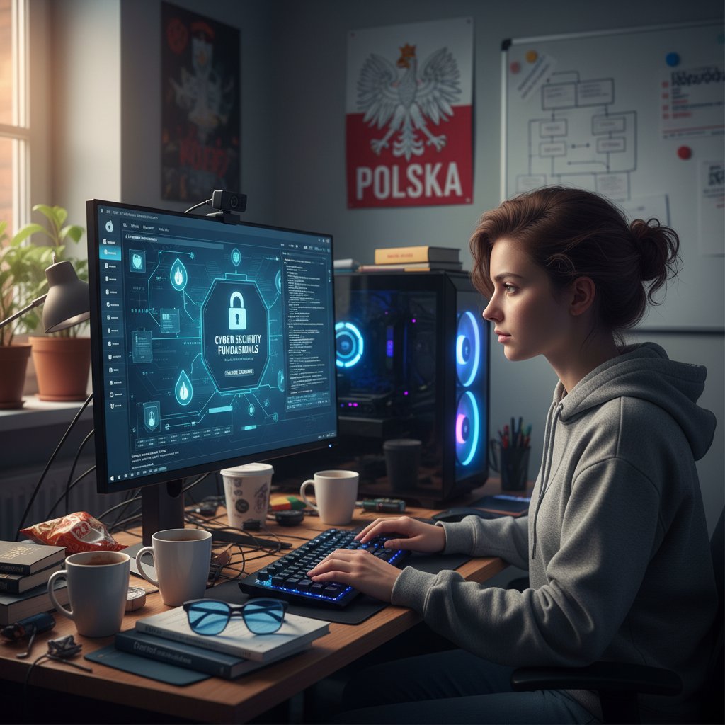 Bezpieczna nauka online: polski uczeń korzystający z komputera z aktywnym programem zabezpieczającym