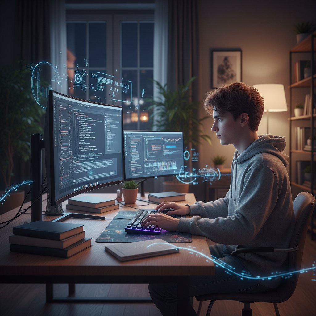 Młody Polak przy komputerze, w ciemnym pokoju, otoczony zeszytami i ekranami - skupienie i chaos, edukacja informatyczna online