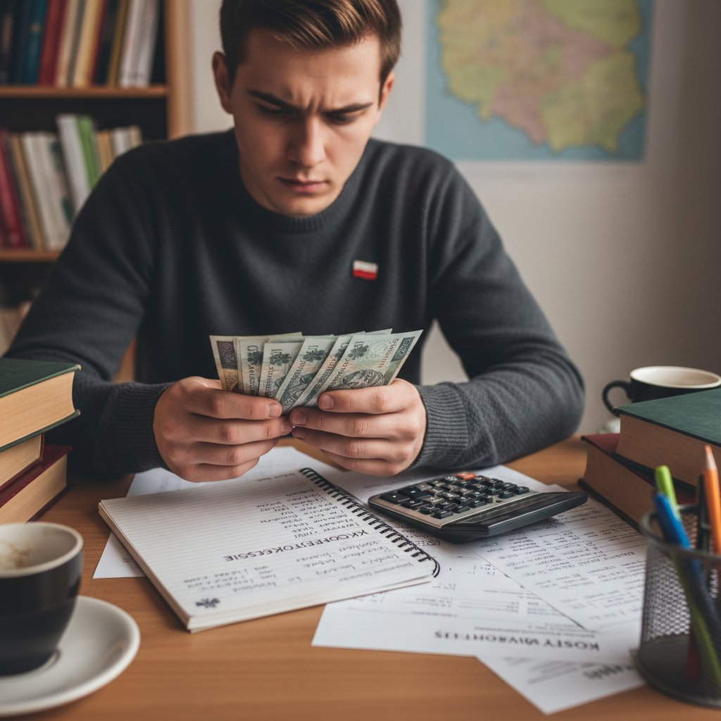 Studentka liczy pieniądze na biurku, analizując koszty korepetycji online