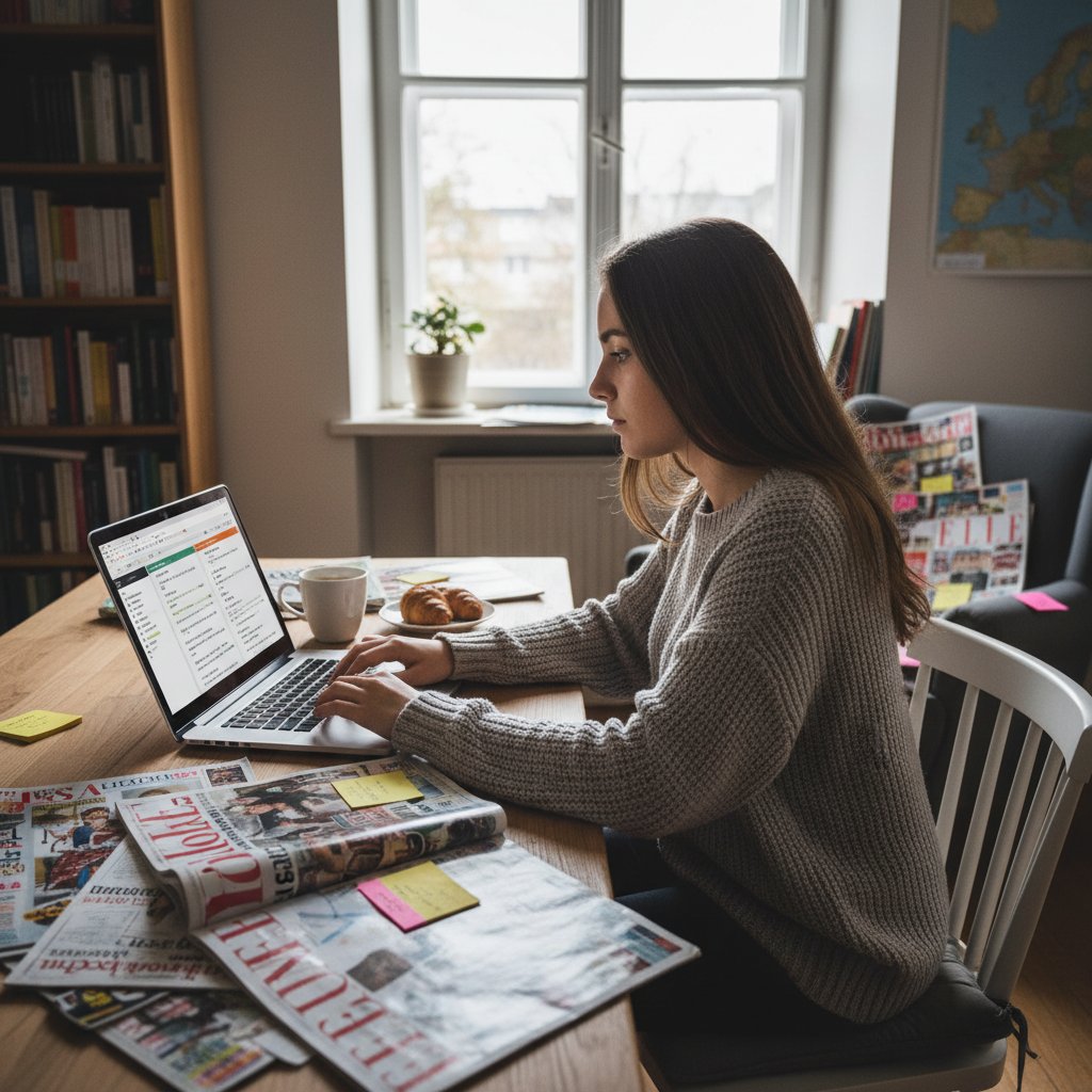 Studentka Marta przygotowująca się do DALF, stół z laptopem, notatki, francuska prasa