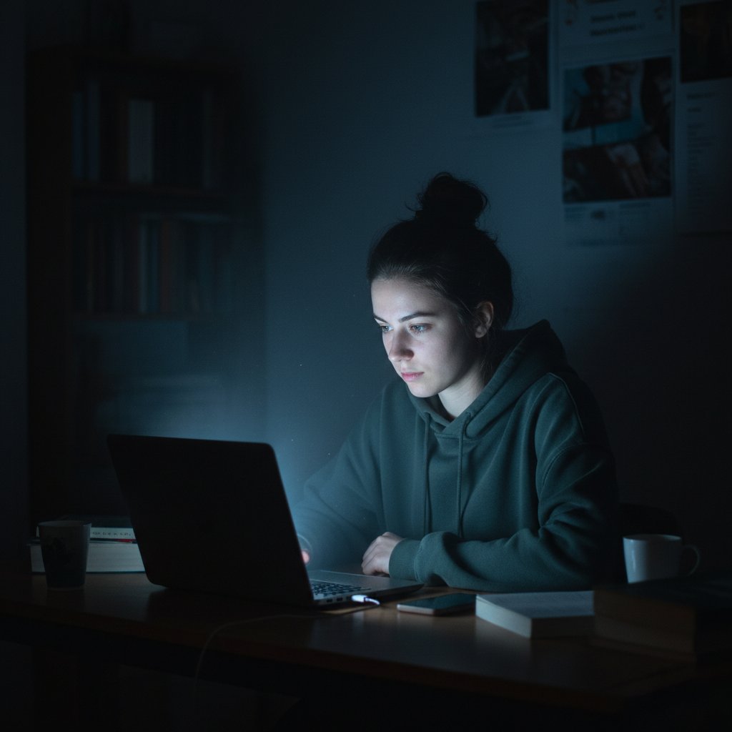 Polski uczeń zastanawia się nad wyborem kontrapunktu online, komputer oświetla jego twarz w ciemnym pokoju