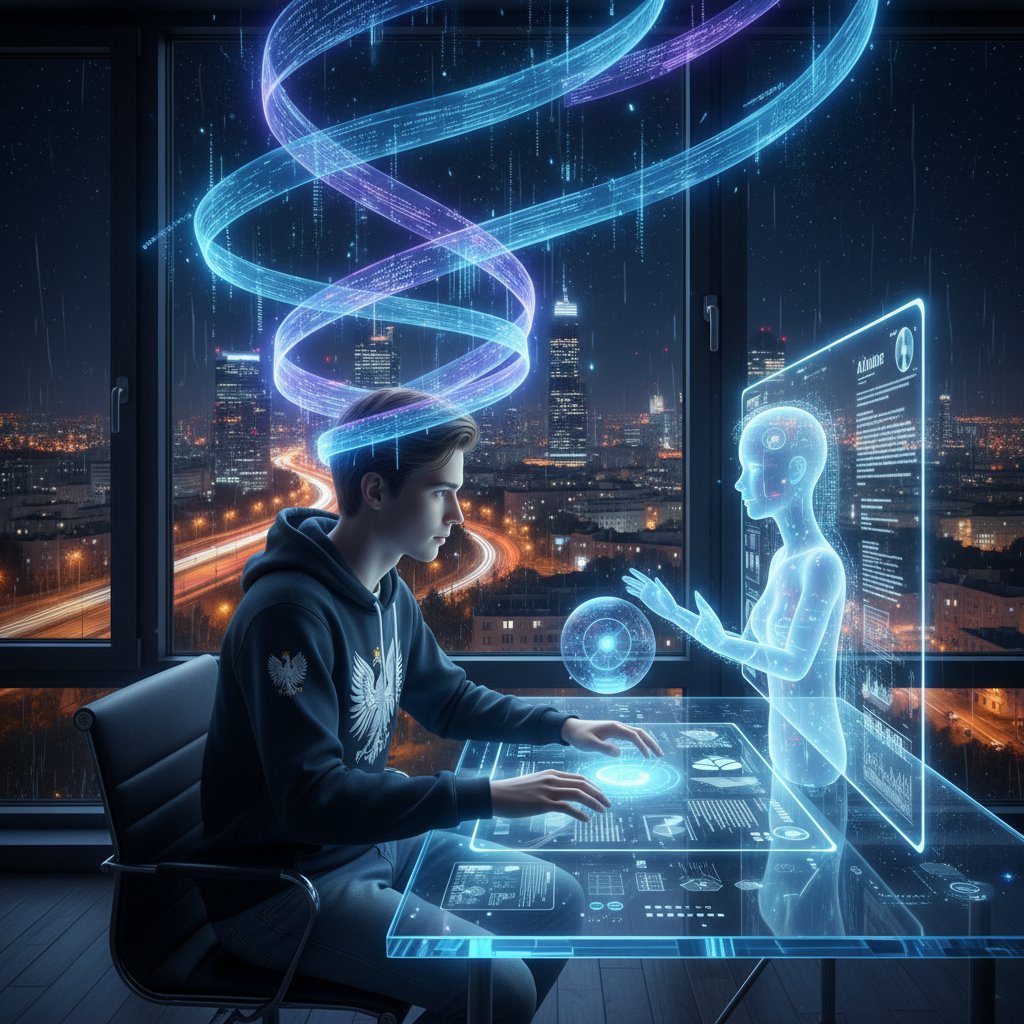 Polski student przy komputerze z wizualizacją strumieni danych big data, intensywne światło, nocne miasto za oknem