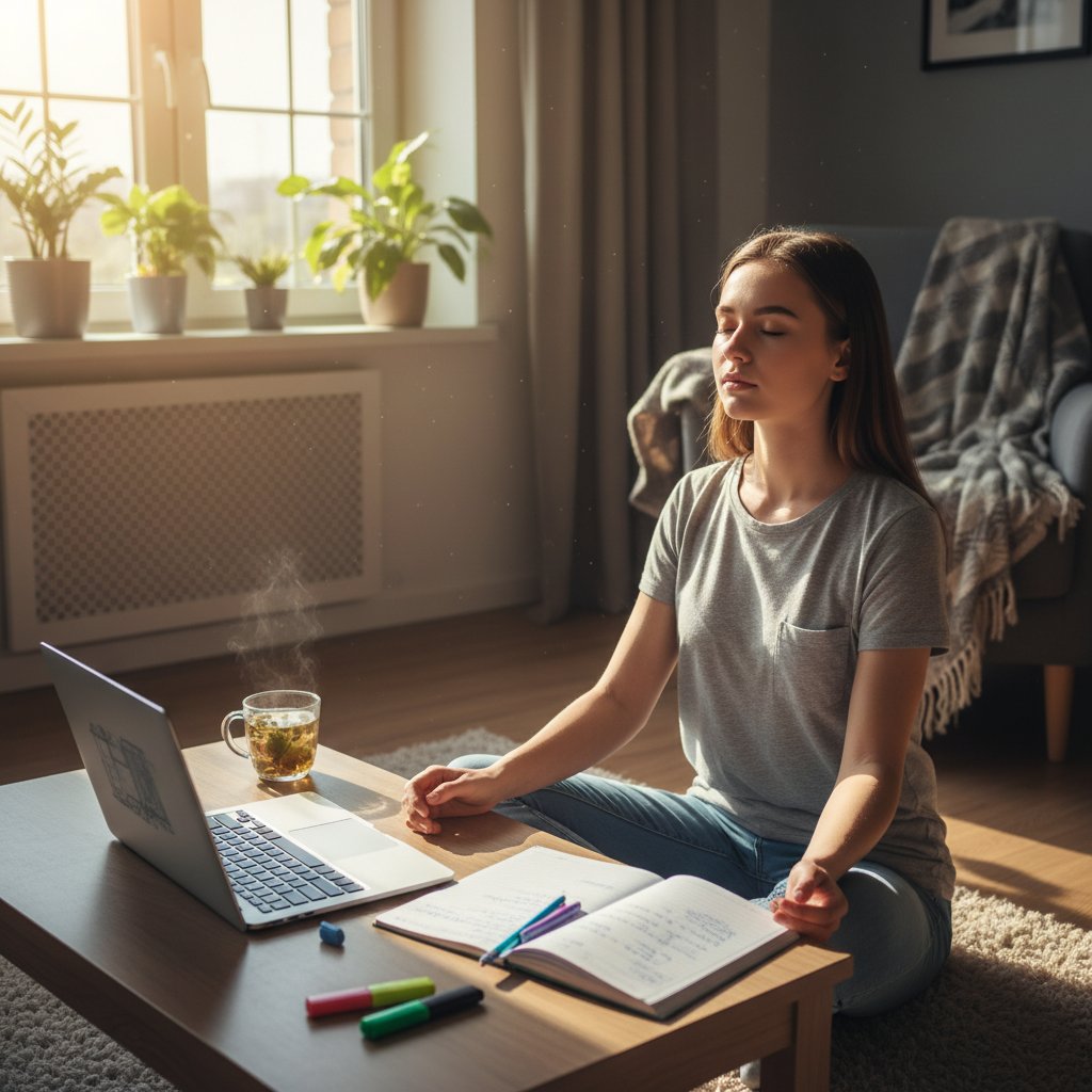 Polski uczeń siedzący na podłodze, oczy zamknięte, głęboki oddech, laptop i notatki obok, spokojne poranne światło