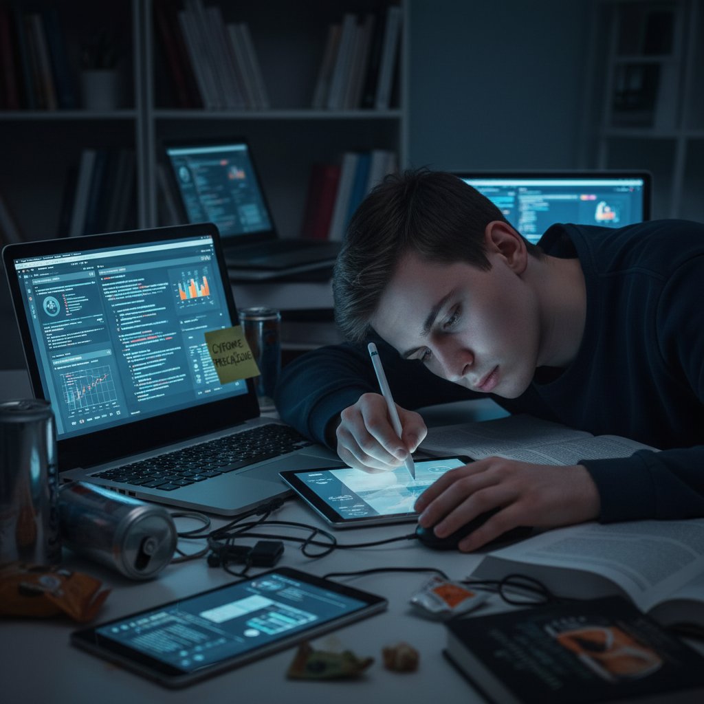 Polski uczeń samotnie przy biurku, zmęczenie i przeciążenie informacyjne, zbliżenie na twarz