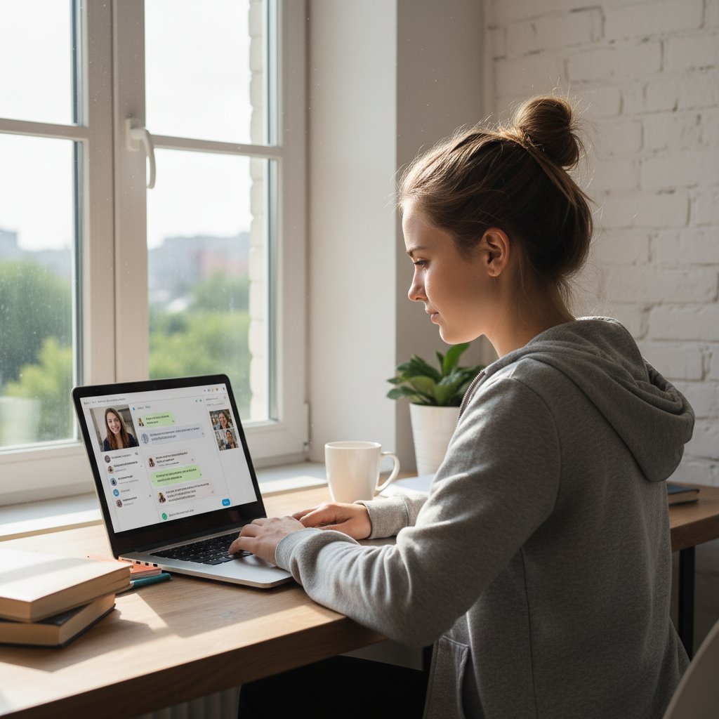 Student korzystający z Phind i ChatGPT do nauki, naturalne światło, biurko z laptopem, widoczne czaty