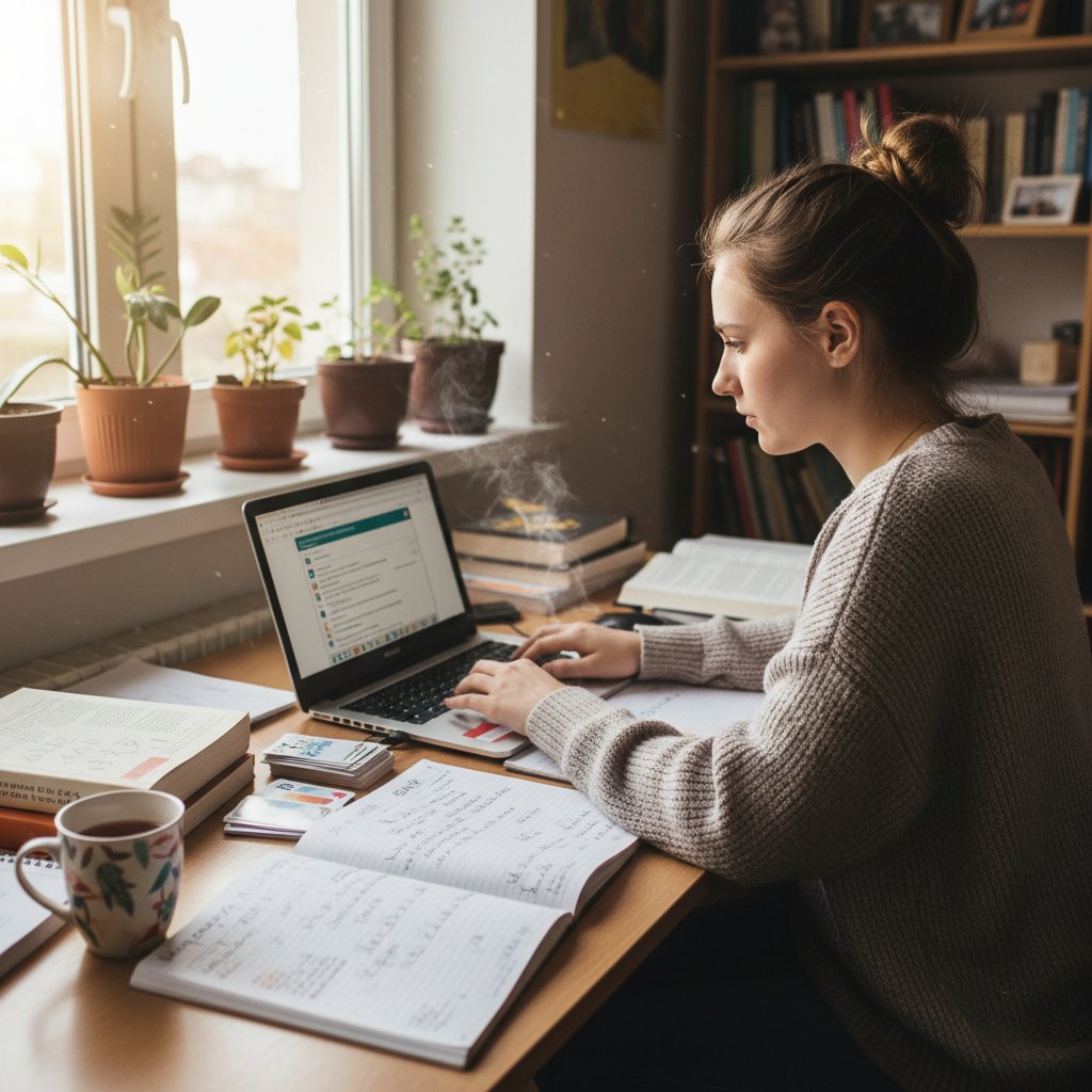 Uczeń rozważający korepetycje online przy biurku z otwartym laptopem i notatkami