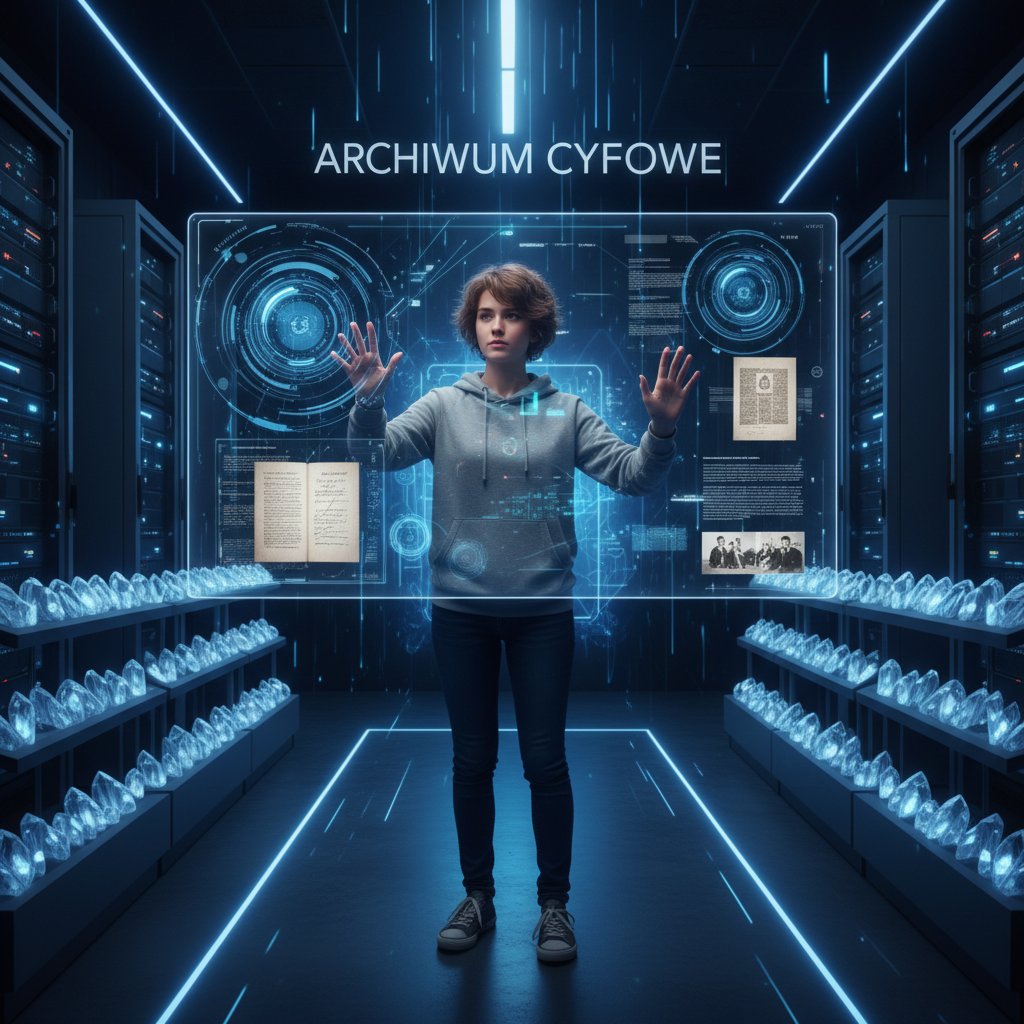 Polska studentka przeszukująca cyfrowe archiwa historyczne na nowoczesnym ekranie dotykowym w ciemnym pomieszczeniu