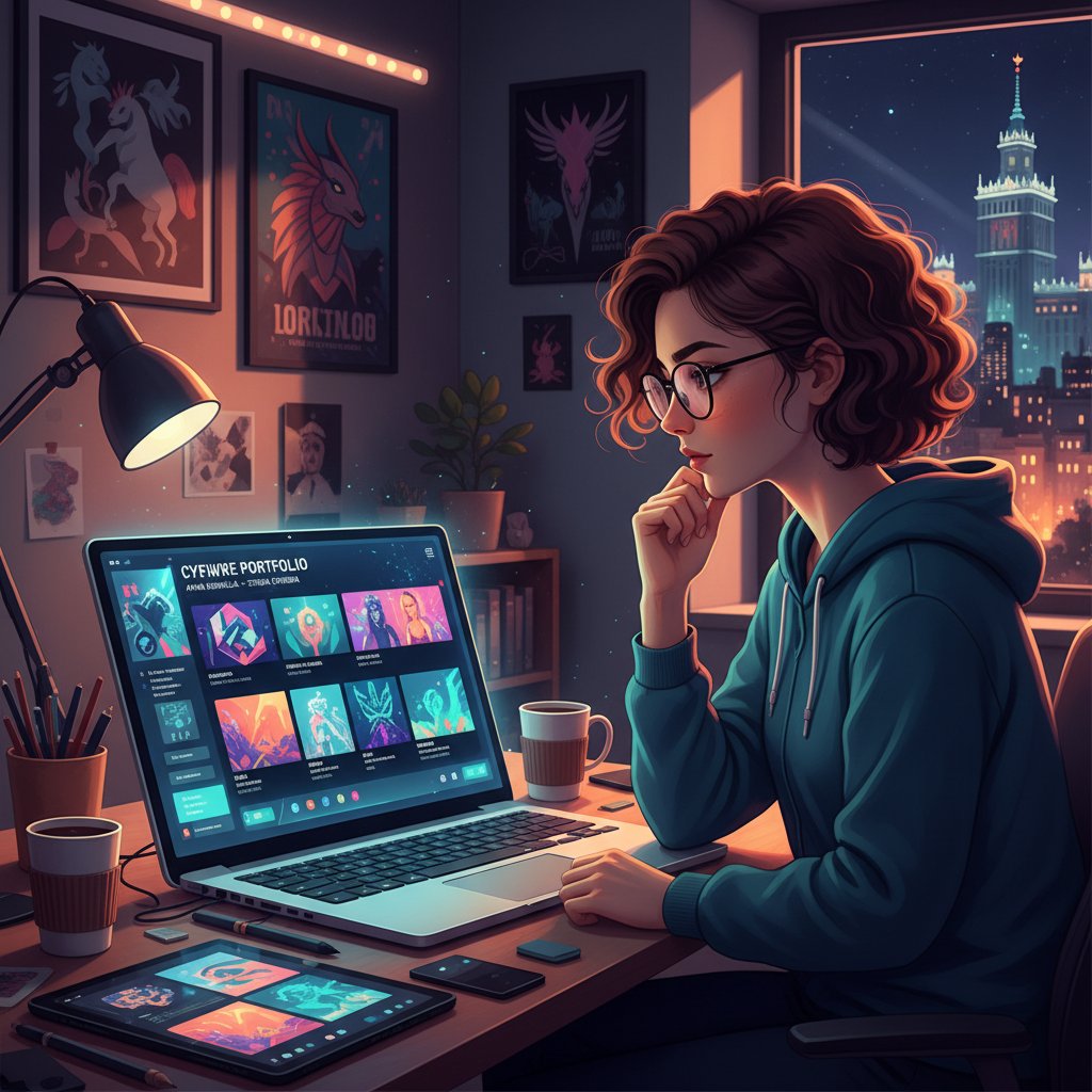 Polska studentka digital art prezentująca swoje cyfrowe portfolio na ekranie laptopa