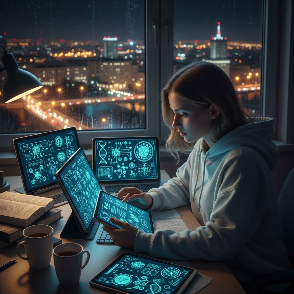 Polski uczeń otoczony cyfrowymi diagramami biologii, ekran, noc, miasto