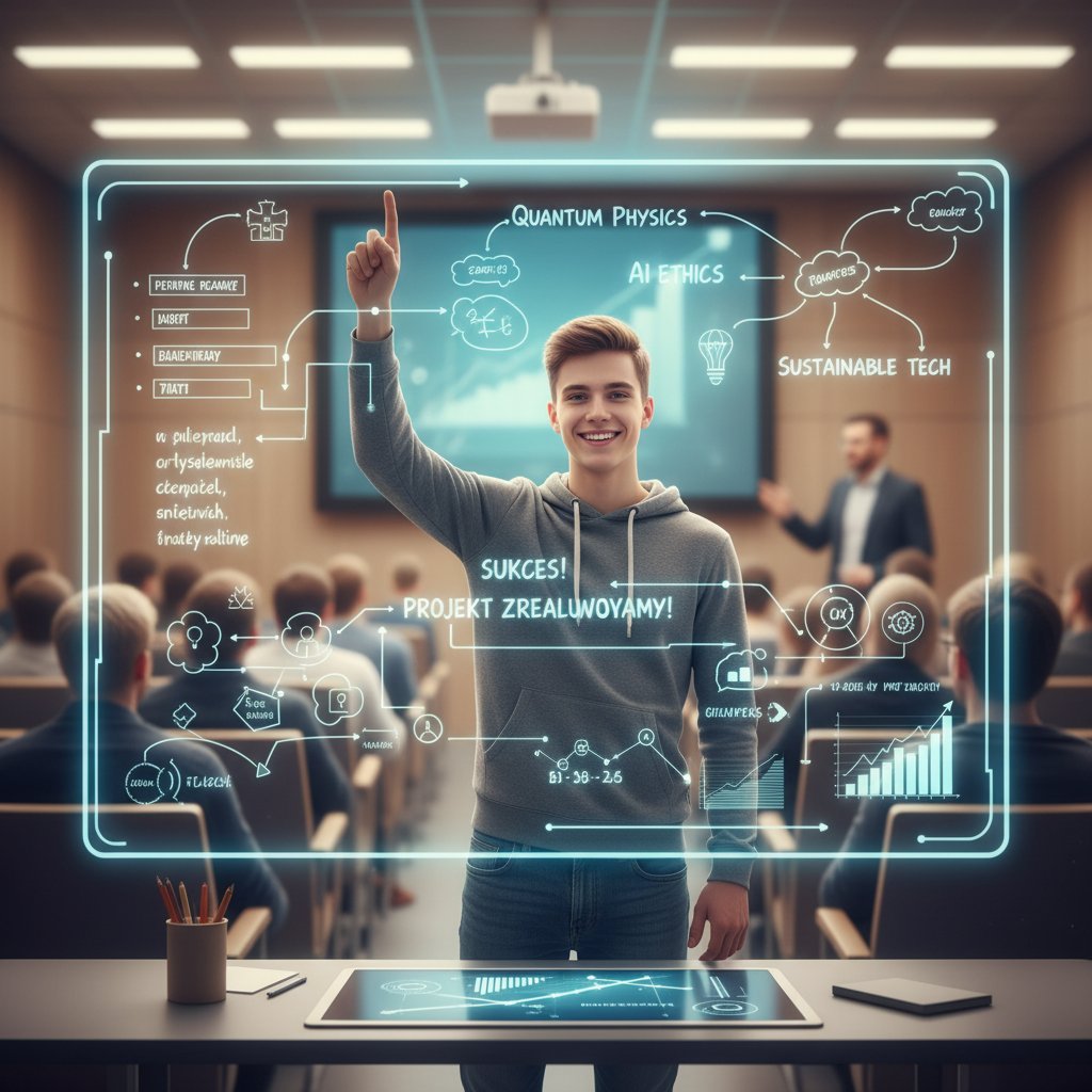 Polski uczeń na tle tablicy pełnej cyfrowych notatek, podnosi rękę w geście sukcesu