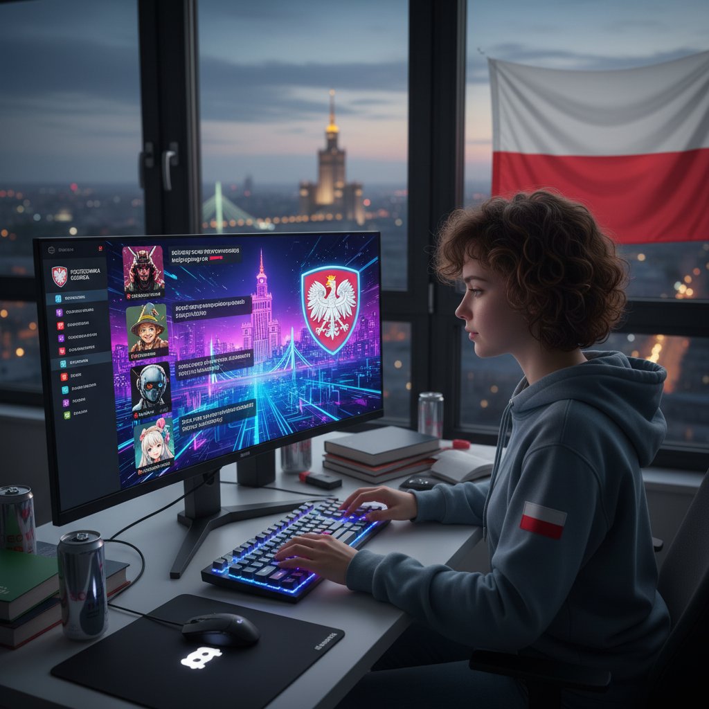 Polski uczeń przy komputerze z otwartym Discordem, otoczony cyfrowymi awatarami w miejskim klimacie