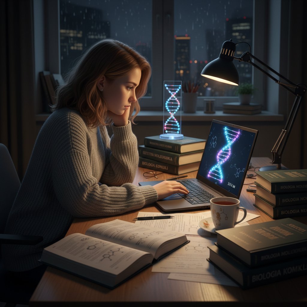 Polski uczeń przy laptopie z grafiką DNA i podręcznikami biologii, intensywna atmosfera nauki online