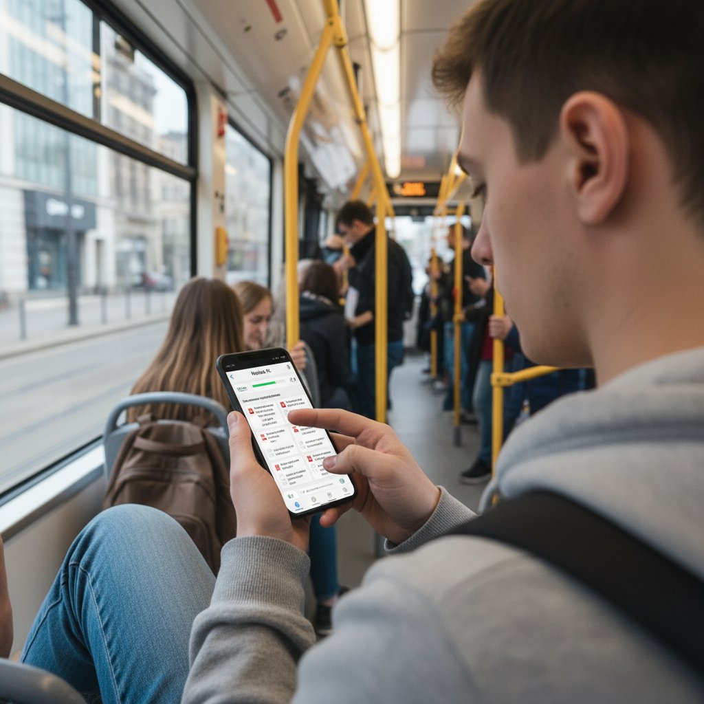 Polska uczennica korzystająca z aplikacji edukacyjnej na smartfonie w miejskim autobusie