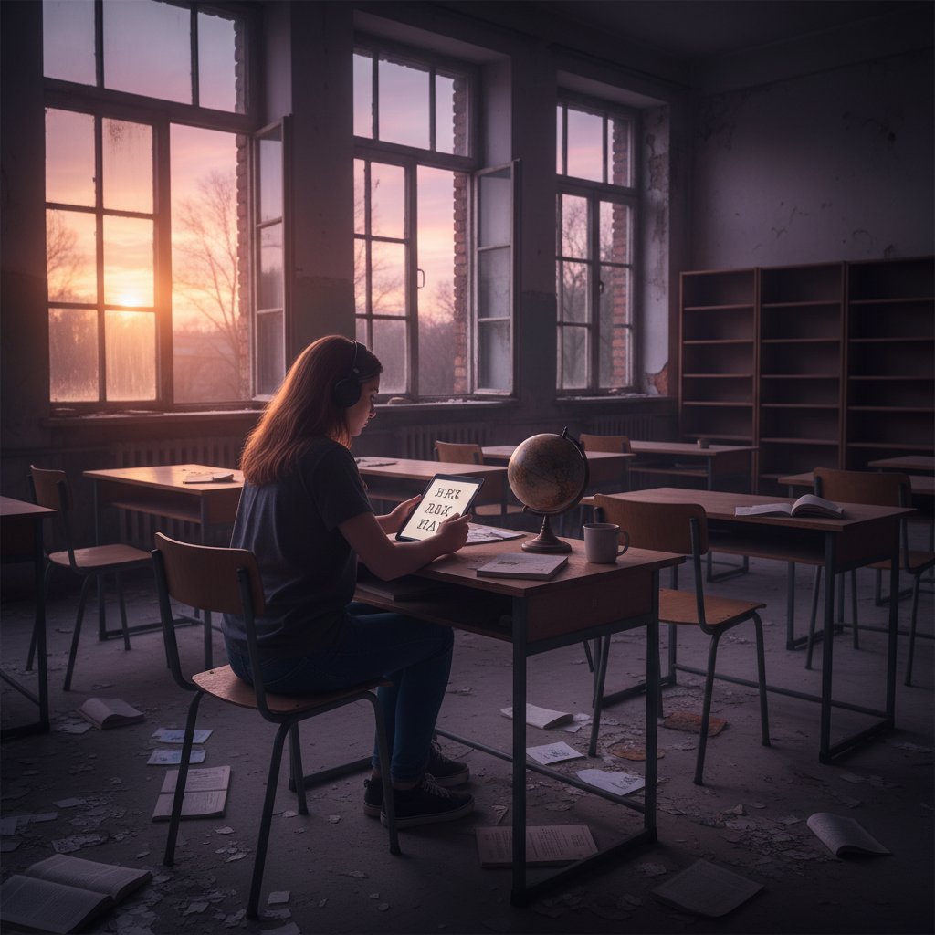 Student samotny w pustej sali podczas nauki języka, wypalenie i brak motywacji