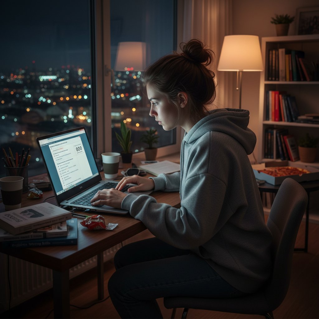 Uczeń w Polsce przygotowujący się do matury z angielskiego online, nocna atmosfera, skupienie i stres