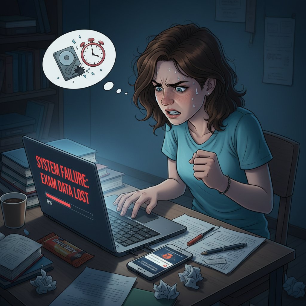 Zdenerwowany uczeń przed laptopem, na ekranie komunikat o błędzie technicznym podczas egzaminu z angielskiego online