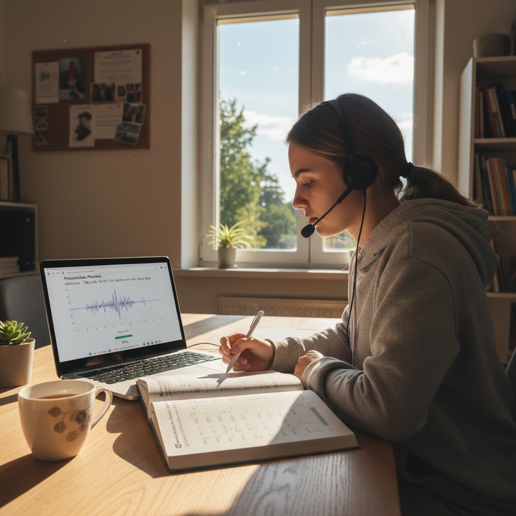 Polski uczeń wykonuje ćwiczenia fonetyczne z aplikacją angielskiego w słonecznym pokoju