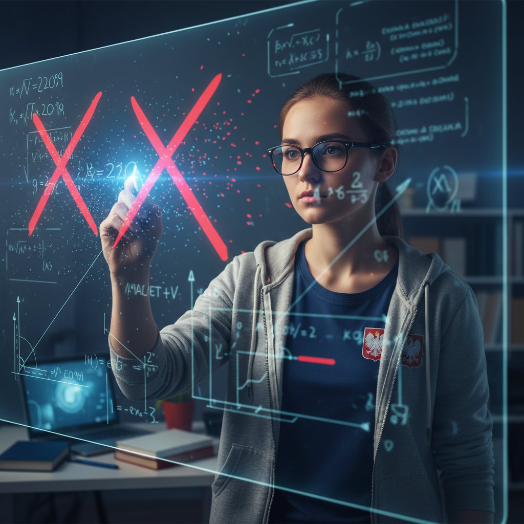 Uczeń poprawiający błędy w nauce historii online, ściera cyfrowe “X” ze szkolnej tablicy