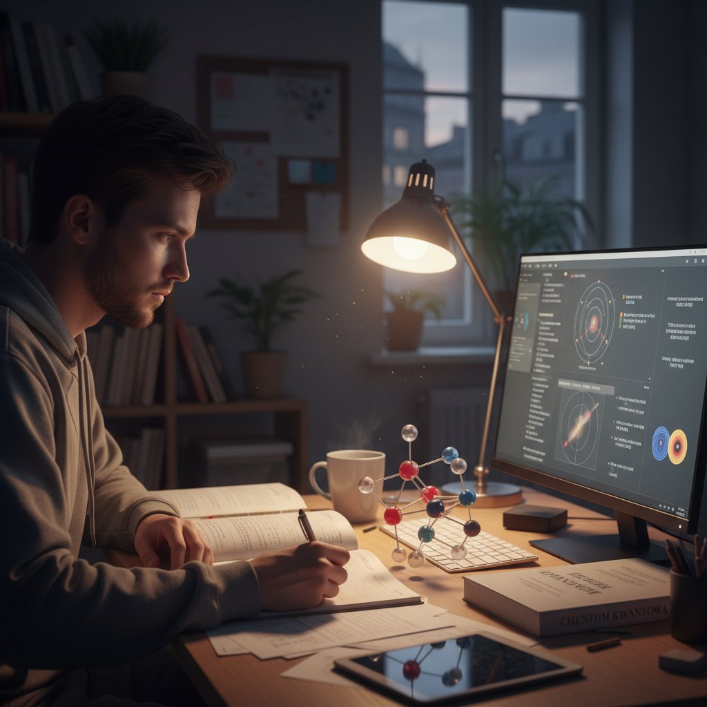 Student pracujący wieczorem przy biurku, ekran z modelem chemicznym, atmosfera motywacji i skupienia