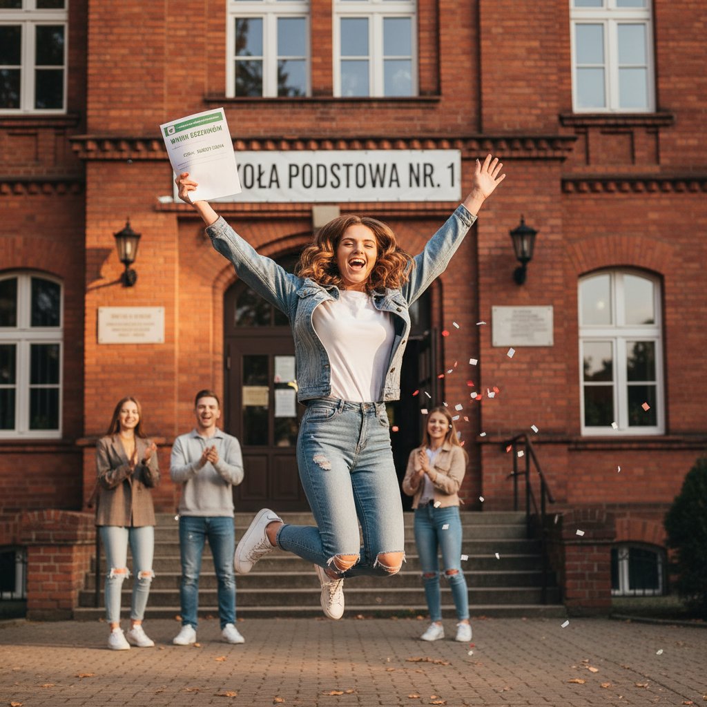 Maturzysta zadowolony po otrzymaniu wyników egzaminu, polska szkoła, uśmiech, radość