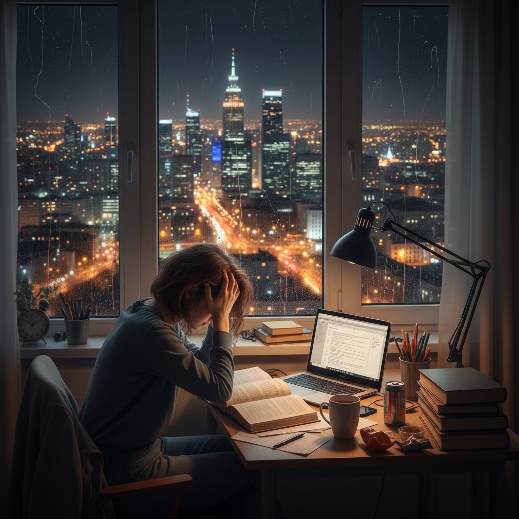 Polski maturzysta nocą przy biurku, stres i presja egzaminów, miasto za oknem