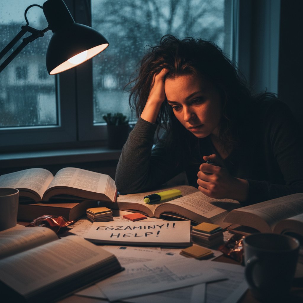 Stres przed maturą u polskich uczniów – zdjęcie młodej osoby zasłaniającej twarz dłońmi przy biurku, otoczonej notatkami, w nastrojowym świetle