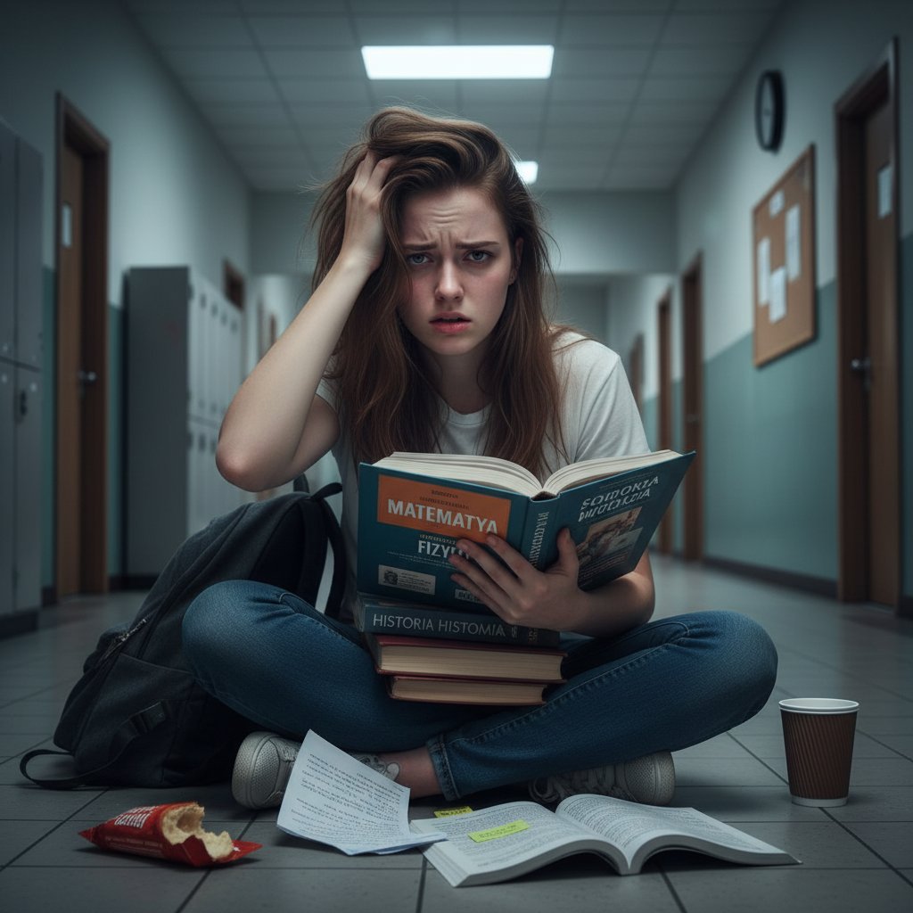 Polski uczeń walczący z emocjami przed egzaminem, napięta atmosfera w szkole