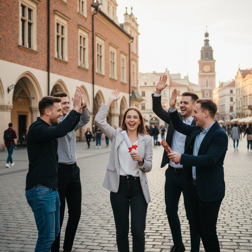 Polska studentka świętująca zdany egzamin DSH z przyjaciółmi w miejskim otoczeniu