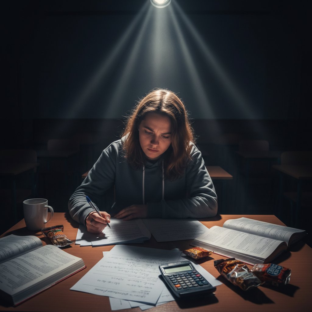 Studentka przygotowująca się do egzaminu ekonomista, z laptopem i notatkami, atmosfera skupienia