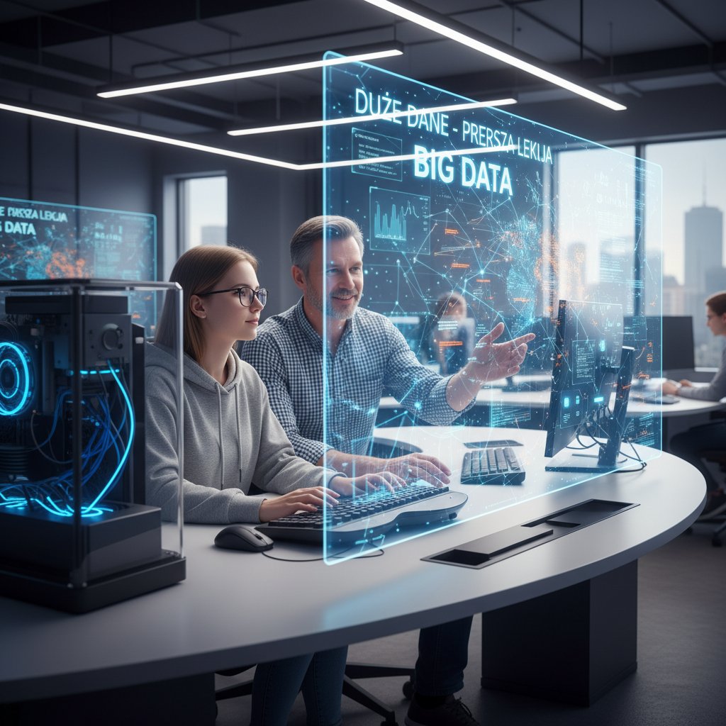 Polski uczeń podczas pierwszej lekcji big data online, komputer, mentor na ekranie, skupienie, domowa atmosfera