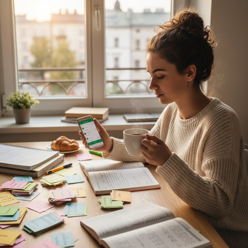 Uczeń korzystający z fiszek do szybkiej powtórki WOS, telefon, kawa, notatki, poranek