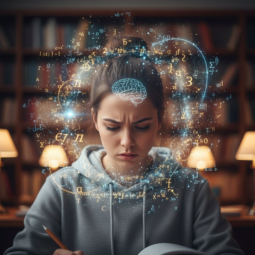 Zbliżenie na twarz ucznia w skupieniu, z symbolicznie rozmazanym tłem pełnym bodźców, pokazujące pracę mózgu