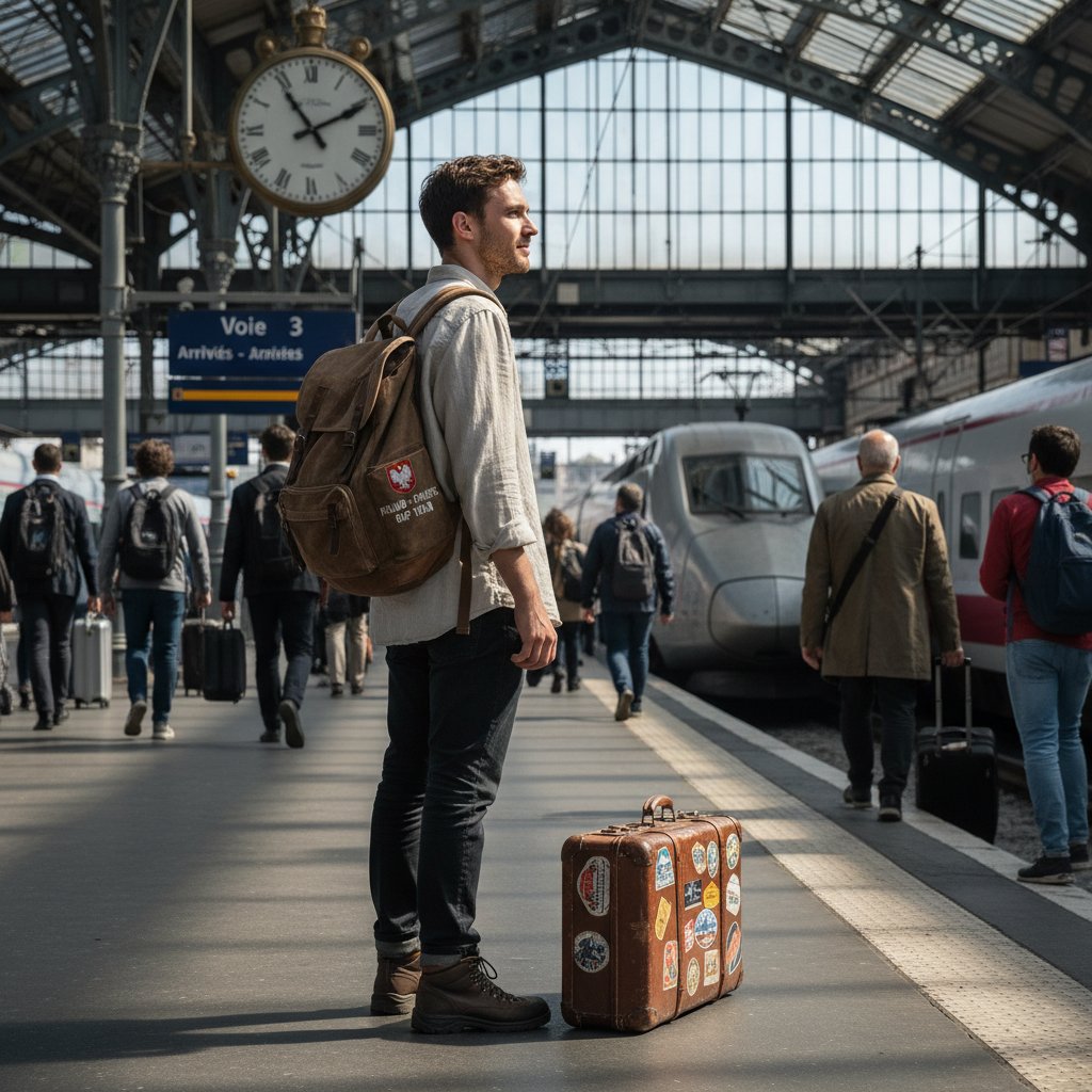Młody Polak na stypendium we Francji, z walizką na dworcu kolejowym