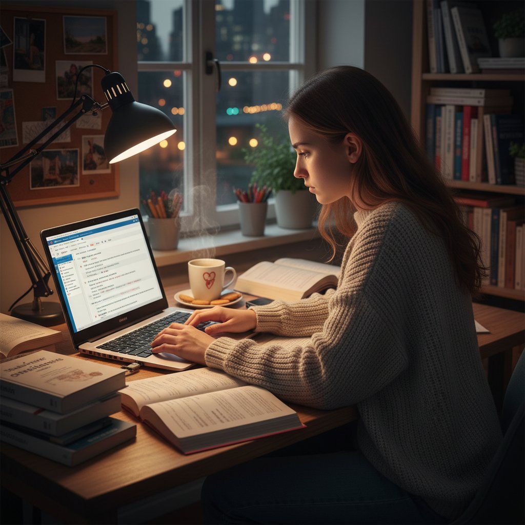 Polski student uczący się francuskiego online nocą, laptop, podręczniki i kawa