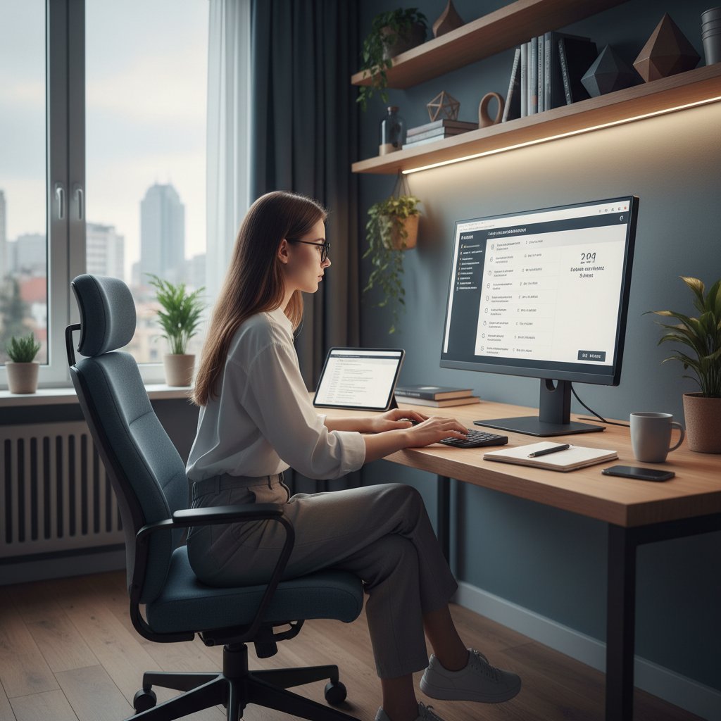 Statystyczny polski uczeń rozwiązujący test z francuskiego online w nowoczesnym pokoju nauki, energia cyfrowego wyzwania