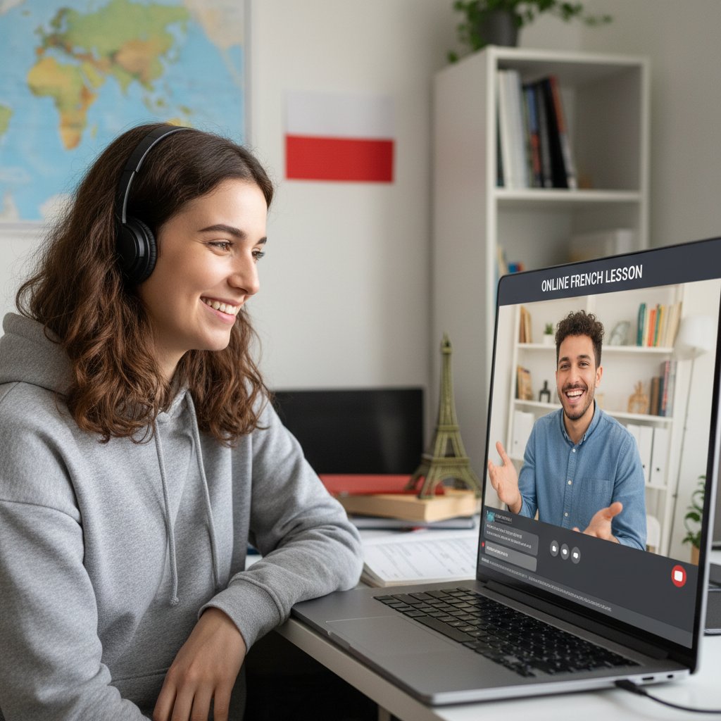 Uśmiechnięta Polka rozmawiająca po francusku online z nauczycielem, laptop, notatki, mikrofon