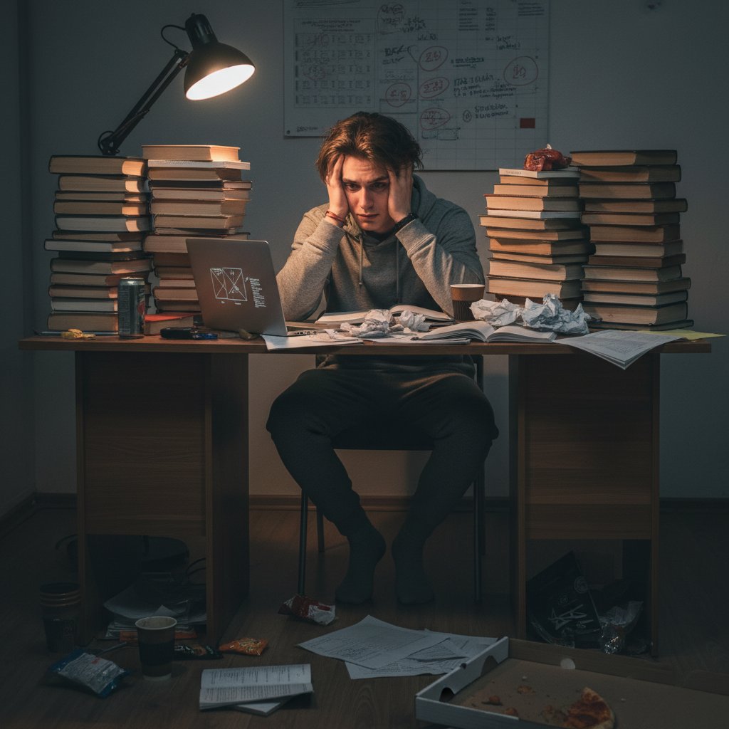 Uczeń patrzący z rezygnacją na stos podręczników, symbolizujący stagnację i potrzebę zmiany