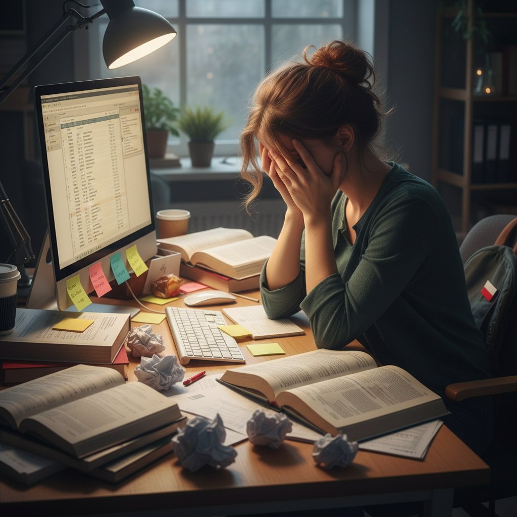 Polski uczeń zrezygnowany przy komputerze, zamyślony wzrok, wokół leżą rozrzucone notatki i książki