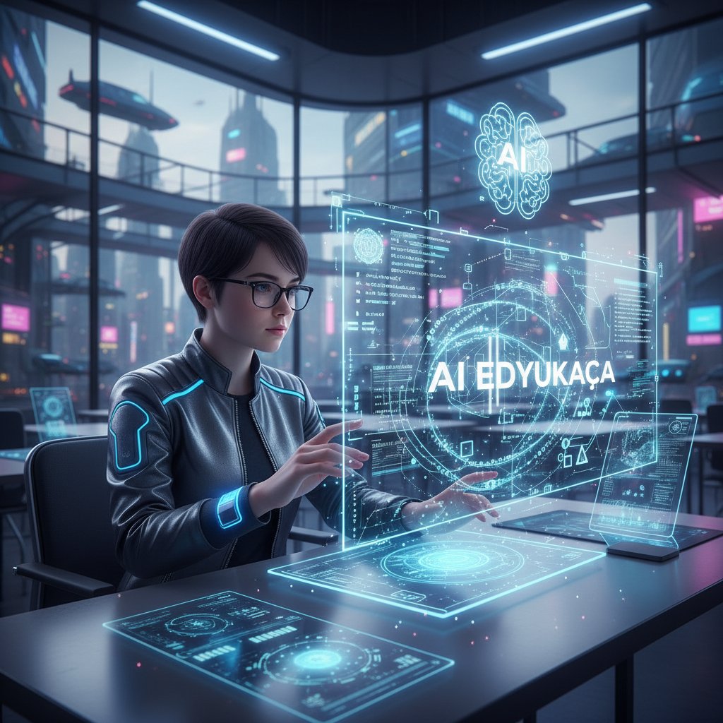 Uczeń przed komputerem z holograficznymi diagramami składni, symbolizującymi AI w nauce języka polskiego