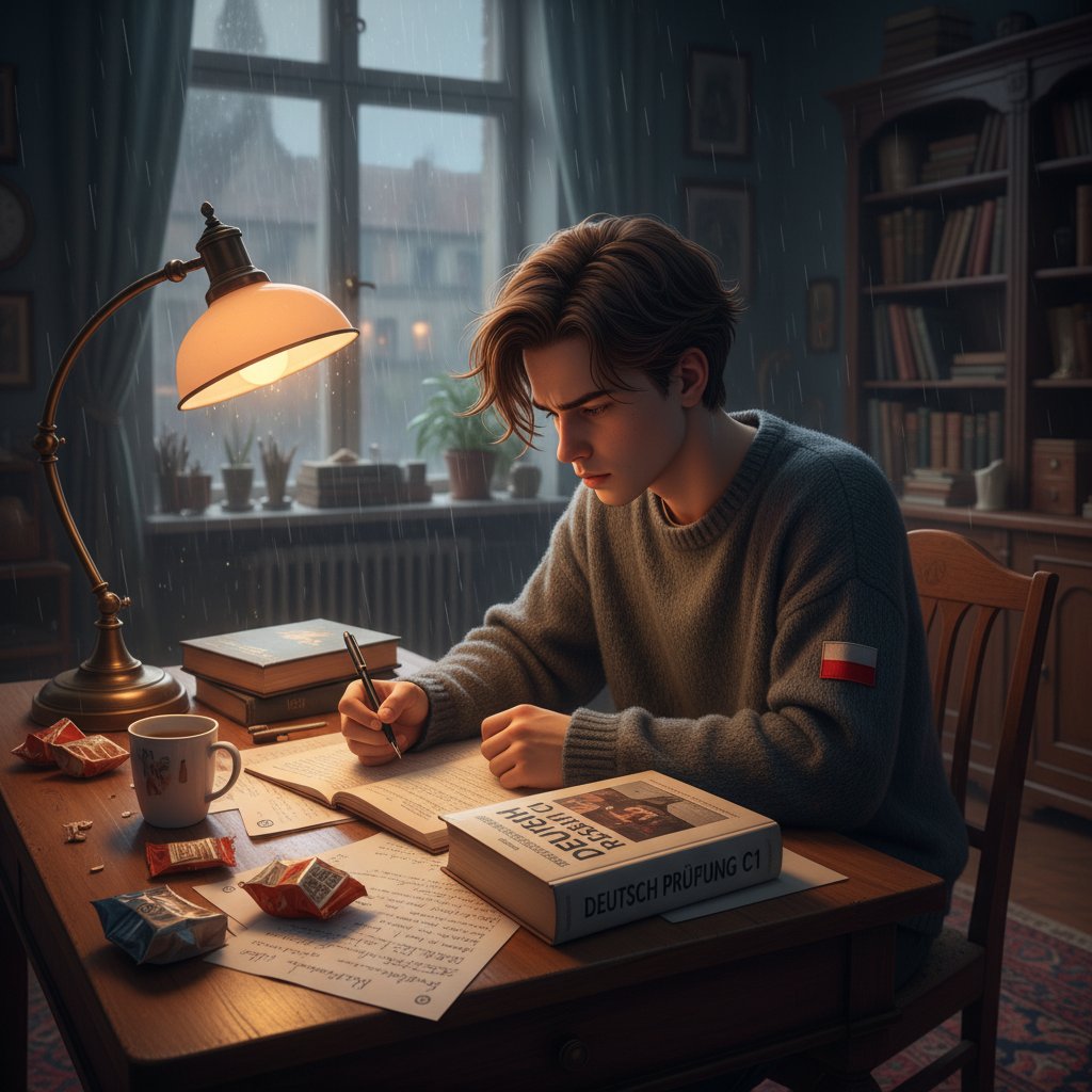 Uczeń liceum podczas nauki do matury z niemieckiego, przygnębiony, z podręcznikami i laptopem