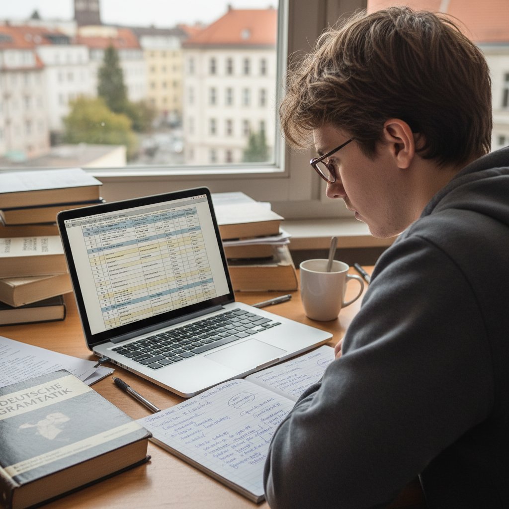 Uczeń analizujący gramatykę niemiecką, notatki, komputer, realne środowisko nauki