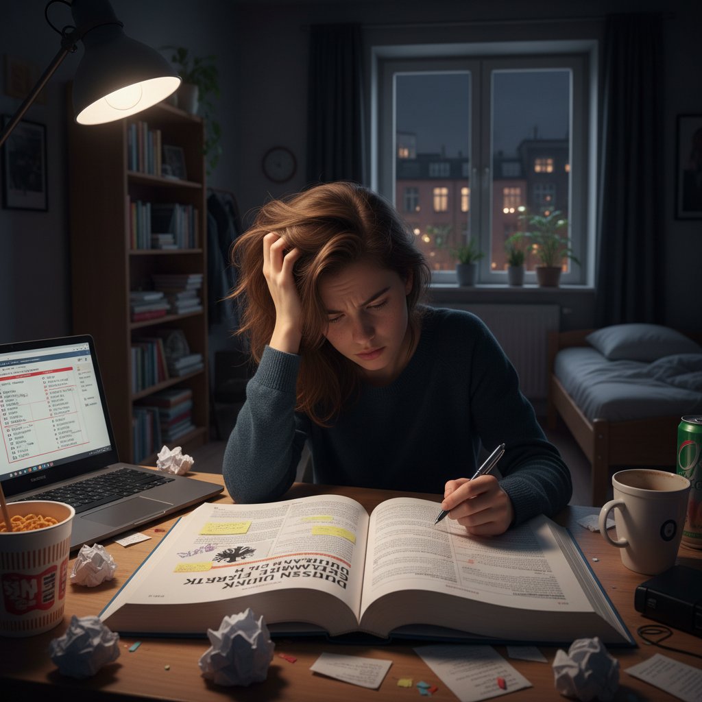 Polski uczeń zmaga się z niemiecką gramatyką online, siedząc nocą nad książką w mieszkaniu