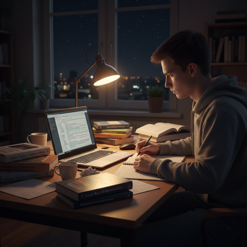 Polski student uczy się niemieckiego naukowego online przy laptopie, skupienie, nocna sceneria i stosy książek