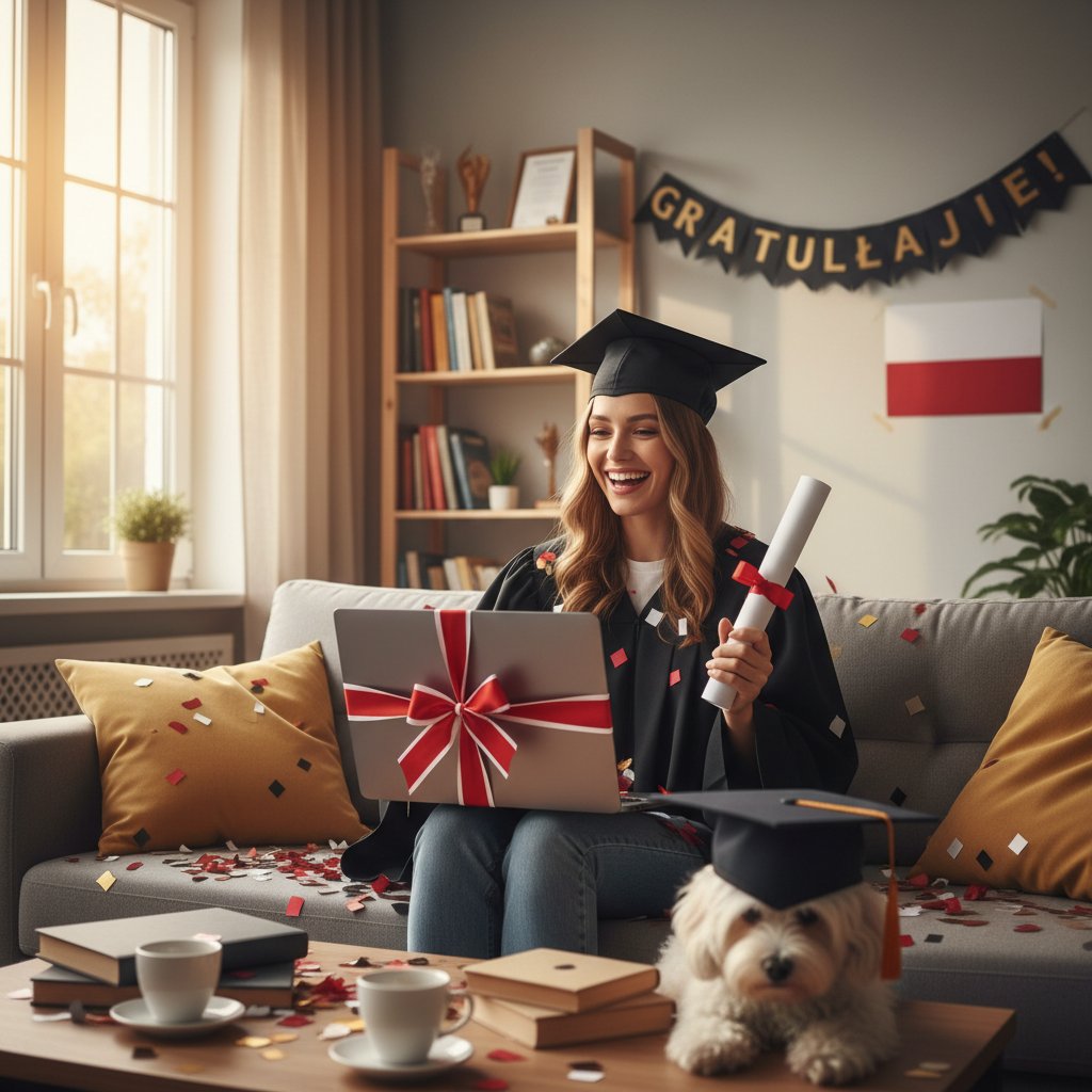 Uczeń świętujący zdaną maturę, laptop, radość w domu, polska młodzież