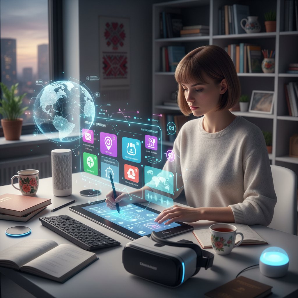 Uczeń używający tabletu graficznego i multimediów do nauki DELE online, interaktywne ekrany i notatki