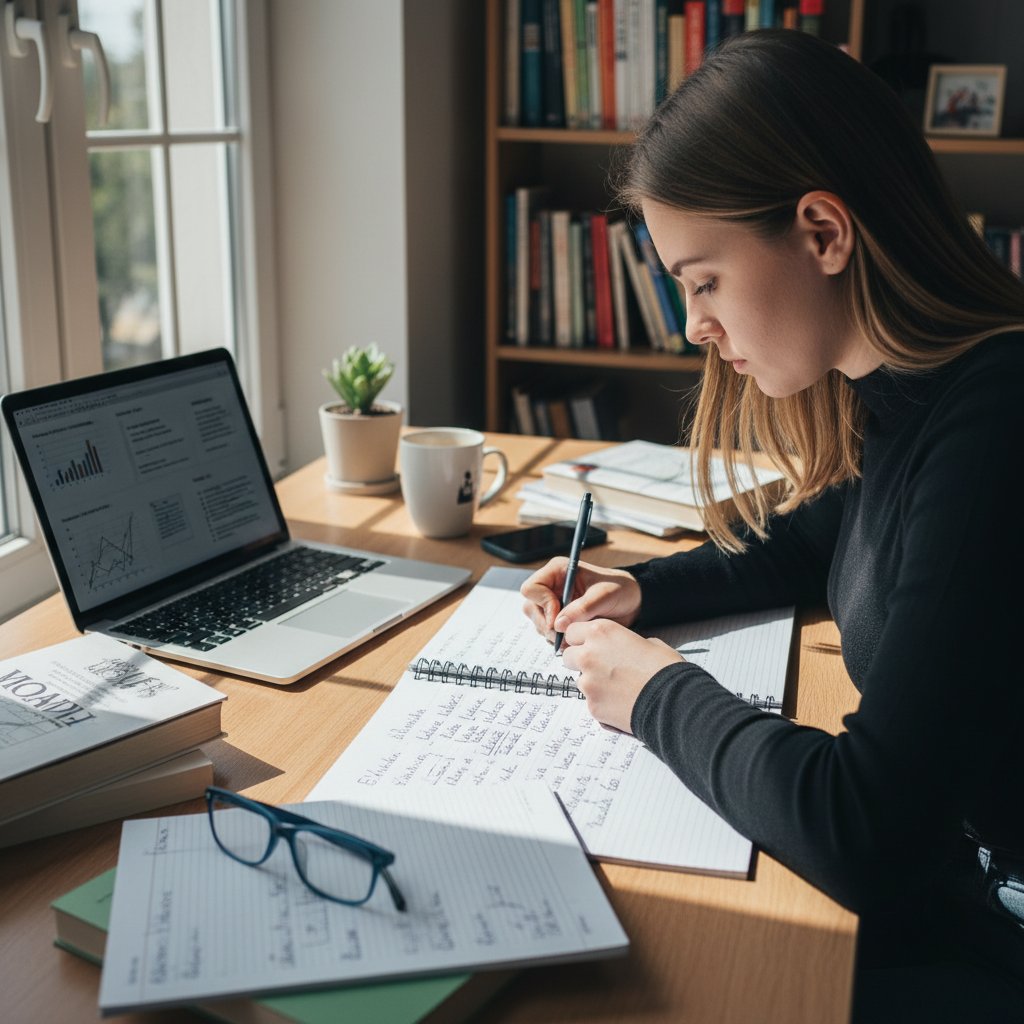 Polski student robiący odręczne notatki podczas korzystania z laptopa, biurko, światło dzienne