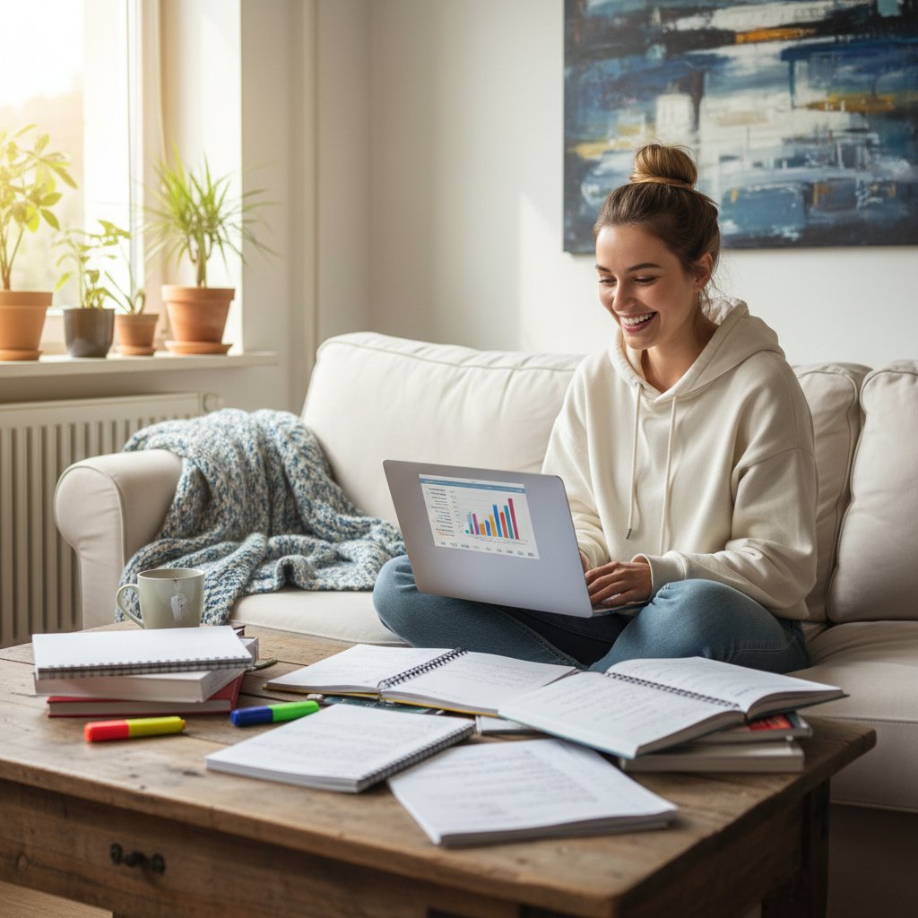 Uśmiechnięta uczennica Marta po zdaniu matury z WOS, laptop, notatki, radość, pokój dzienny