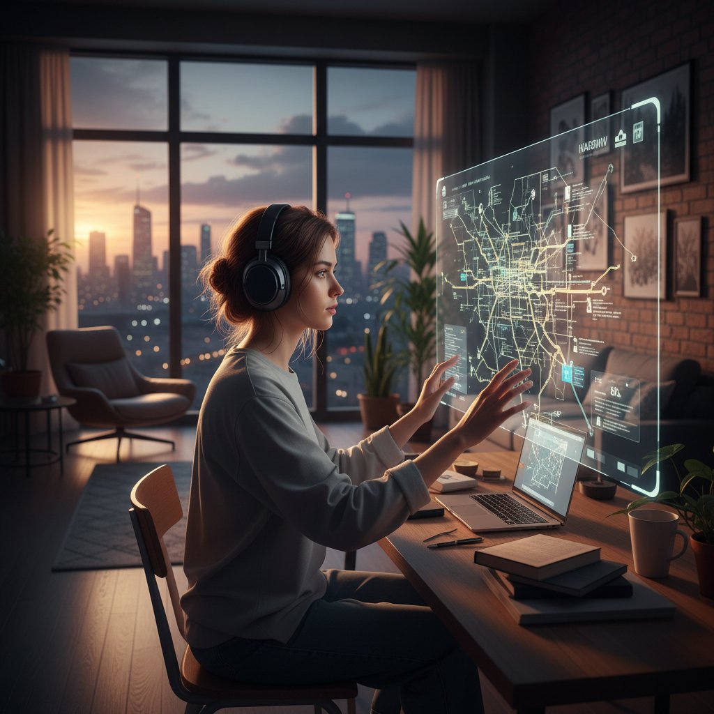 Uczeń liceum w słuchawkach podczas lekcji geografii online, ekran laptopa z kolorową mapą, wieczorne światło, miejski apartament