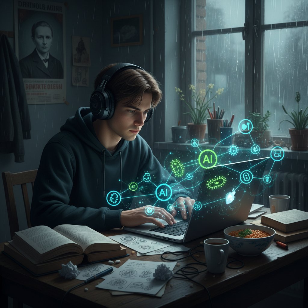 Studentka z notatkami do mikrobiologii, komputerem i słuchawkami w wieczornym mieszkaniu, z cyfrowymi symbolami bakterii i AI